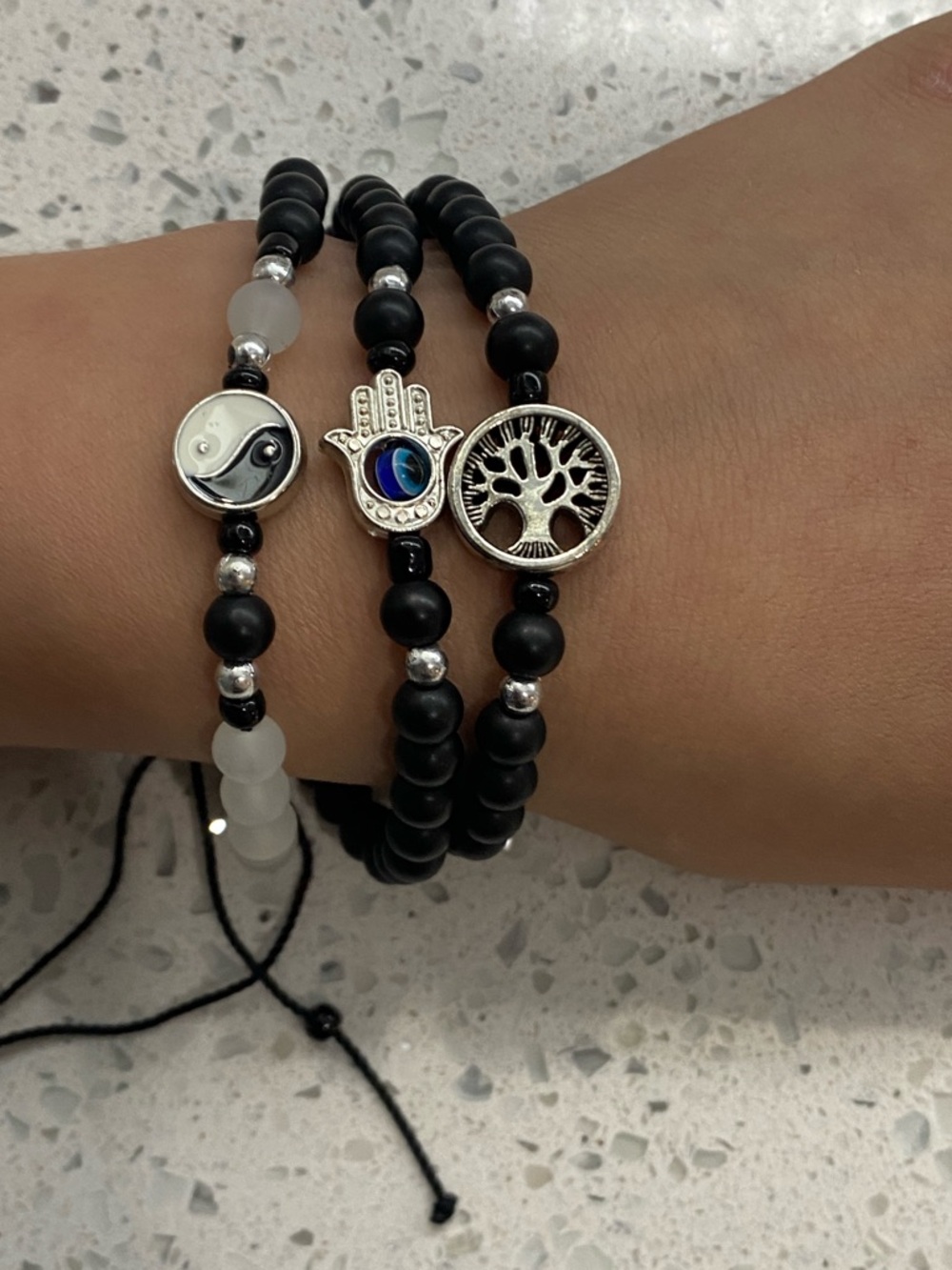 Black Beaded Hamsa, Tree of Life & Yin Yang Bracelet Set